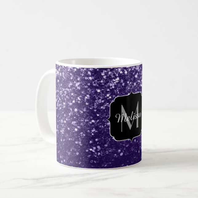 Caneca De Café Glitter roxo ultra violeta escuro Monograma (Frente Esquerda)