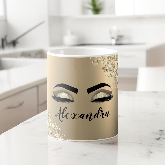 Caneca De Café Glitter Sparkle Eyelashes Dourado Nome do Monogram (Criador carregado)
