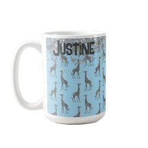 Glittery Silver Giraffe on Blue Personalised