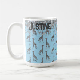 Caneca De Café Glittery Silver Giraffe on Blue Personalised