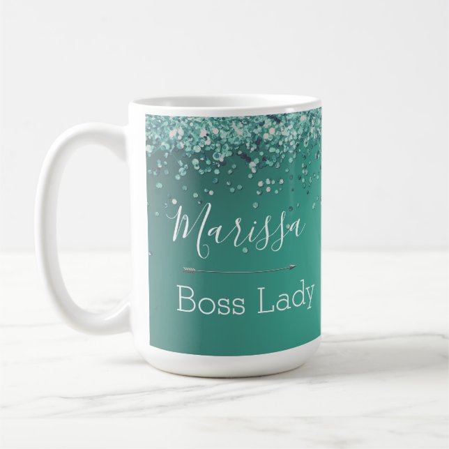 Caneca De Café Glittery Turquoise Personalizada Lady Chefe (Esquerda)