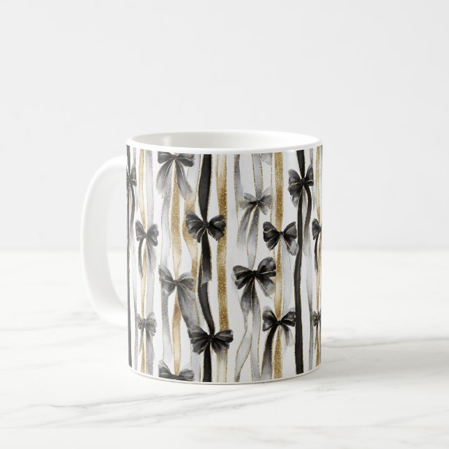 Caneca De Café Glitzy Gold Silver Black Ribbons Bows (Frente Esquerda)