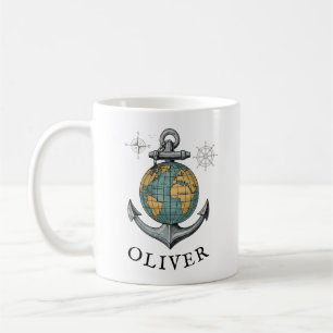 Caneca De Café Globo e Âncora Náutica Vintage