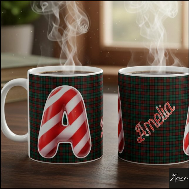 Caneca De Café Glossy Candy Cane Striped Christmas Letter A (Criador carregado)