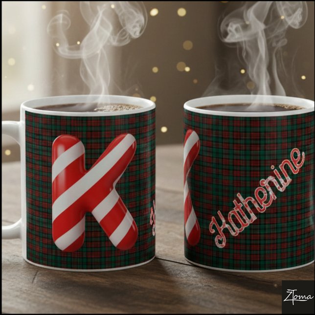 Caneca De Café Glossy Candy Cane Striped Christmas Letter K (Criador carregado)