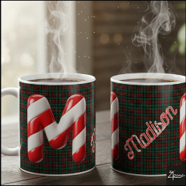 Caneca De Café Glossy Candy Cane Striped Christmas Letter M