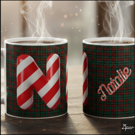 Caneca De Café Glossy Candy Cane Striped Christmas Letter N