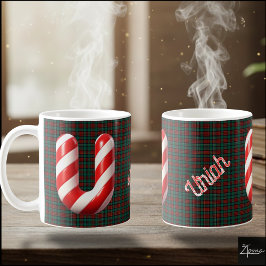 Caneca De Café Glossy Candy Cane Striped Christmas Letter U