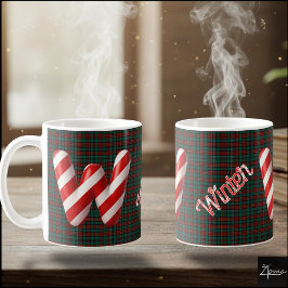 Caneca De Café Glossy Candy Cane Striped Christmas Letter W