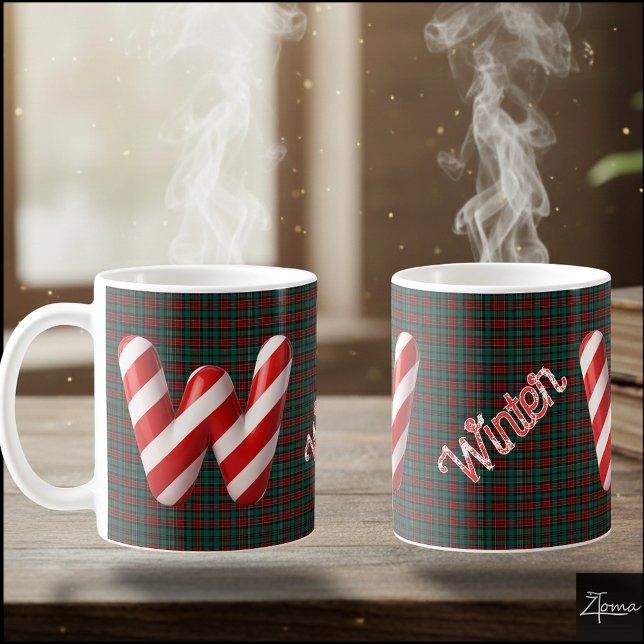 Caneca De Café Glossy Candy Cane Striped Christmas Letter W (Criador carregado)