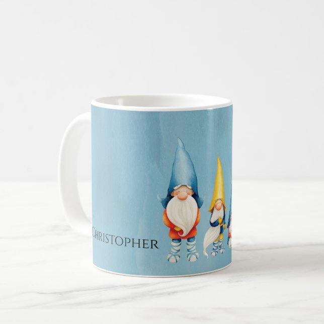 Caneca De Café Gnome Monograma Branco Azul (Frente Esquerda)