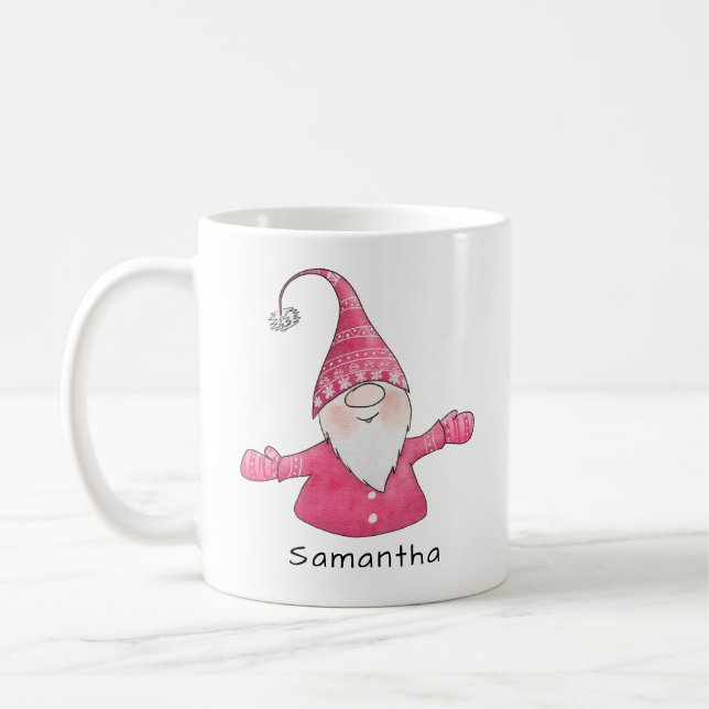 Caneca De Café Gnomo-branco monograma, rosa e Natal branco (Esquerda)