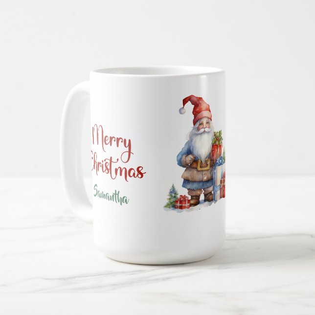 Caneca De Café Gnomo de Natal escandinavo moderno com presentes (Frente Esquerda)