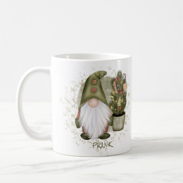 Caneca De Café Gnomo Natalino Divertido com Nome Monograma na Árv (Esquerda)