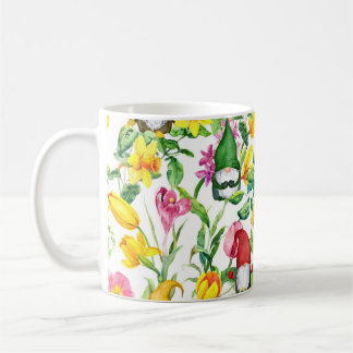 Caneca De Café Gnomos escandinavos: primavera de aquarela floral.