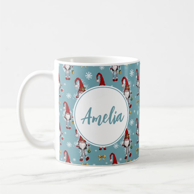 Caneca De Café Gnomos Nórdicos de Natal Padrão Azul Com Nome  (Esquerda)