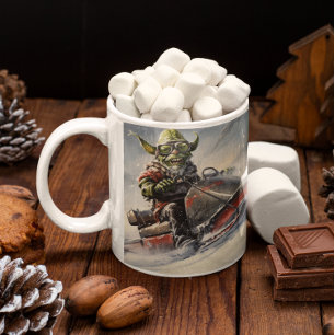 Caneca De Café Goblin Verde Natal #5 andando de moto de neve