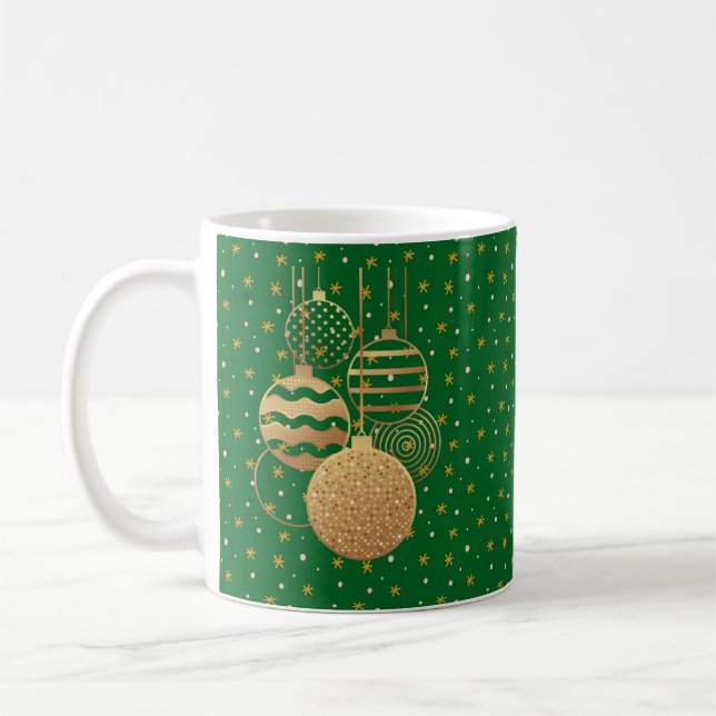 Caneca De Café Gold baubles and stars on a green background (Esquerda)