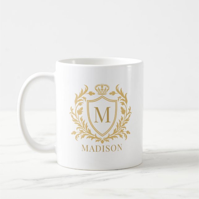 Caneca De Café Gold Heraldic Crest Crown Monogram (Esquerda)