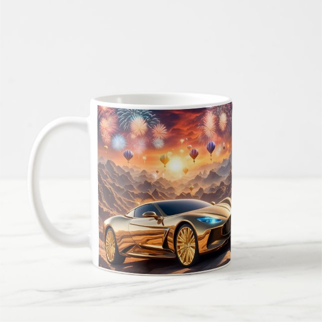 Caneca De Café golden luxury car in a desert landscape (Esquerda)