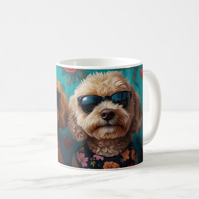 Caneca De Café Goldendoodle com Dia de os namorados de Rosa (Frente Esquerda)
