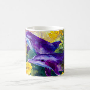 Caneca De Café Golfinhos do Oceano em Aquarela Flores Tropicais