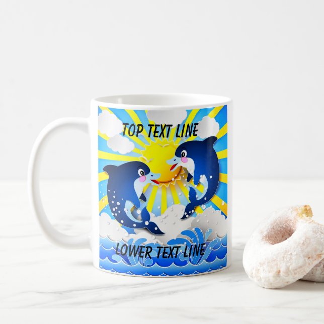 Caneca De Café Golfinhos e personalização Sun Adicionar seu nome  (Com Donut)