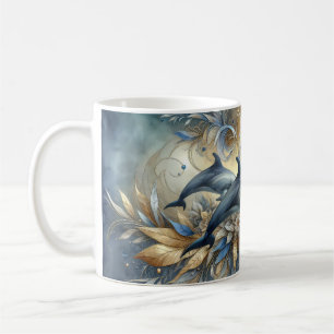Caneca De Café Golfinhos Elegantes com Ondas Florais Douradas