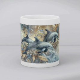 Caneca De Café Golfinhos Elegantes com Ondas Florais Douradas
