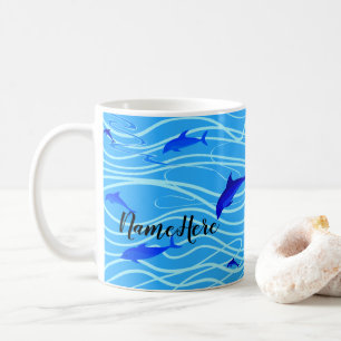 Caneca De Café Golfinhos Nadando Personalizar Adicionar Seu Nome 