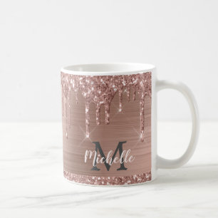 Caneca De Café Gotas Douradas De Lítio Rosa Rosa Monograma