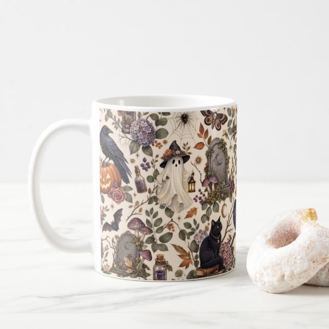 Caneca De Café Gothic Halloween Ravens Cats Ghosts Floral Pattern (Com Donut)