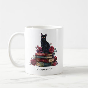 Caneca De Café Gótica Black Cat Livros Antigos de Crimson Rosas