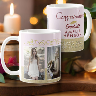 Caneca De Café Graduação de Foto do Formando 2, Dourado Rosa 2023