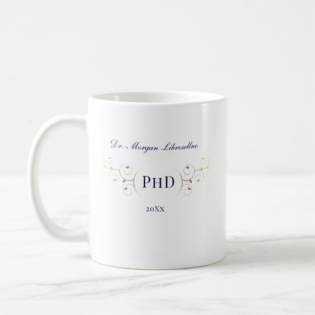 Caneca De Café Graduação Dourada Azul PhD Elegante (Esquerda)