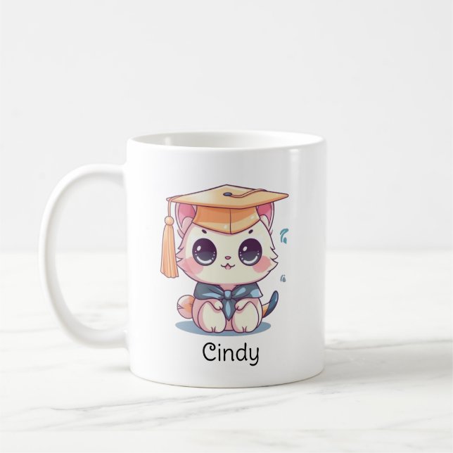 Caneca De Café Graduação Personalizada de Gato Kawaii Bonito (Esquerda)