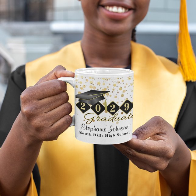 Caneca De Café Graduação Personalizada Preta e Dourada 20XX (Personalized Graduation Black & Gold Coffee Mug)