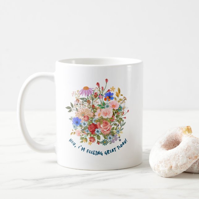 Caneca De Café Gráfico Floral & Slogan (Com Donut)