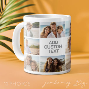 Caneca De Café Grande 11 Colagem de Fotos - Cinza e Branco com Texto