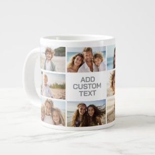 Caneca De Café Grande 11 Colagem de Fotos - Cinza e Branco com Texto