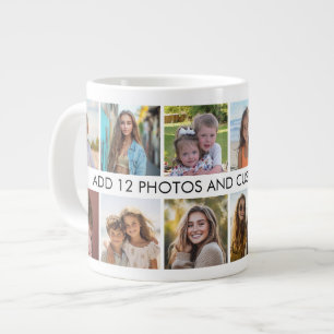 Caneca De Café Grande 12 Colagem de Fotos com uma Linha de Texto no Cent
