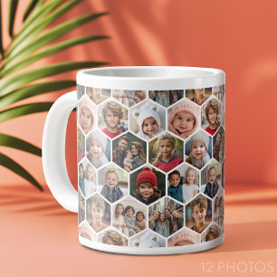 Caneca De Café Grande 12 Colagem de Fotos - padrão hexagonal divertido