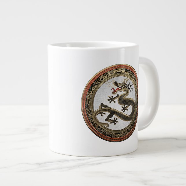 Caneca De Café Grande [200] Dragão Oriental Dourado e negro (Frente Esquerda)