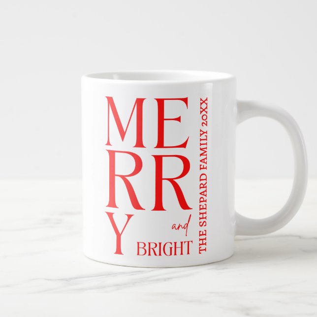 Caneca De Café Grande 2025 Modern Merry and Bright Red Pink Christmas (Direita)