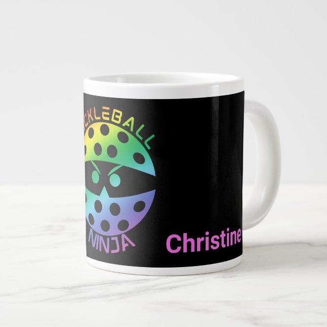 Caneca De Café Grande 20oz Ninja de picleball arco-íris com nome (Frente Esquerda)