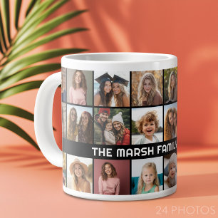 Caneca De Café Grande 24 Colagem de Fotos com Nome da Família Data preto