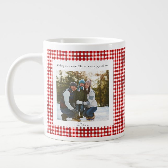 Caneca De Café Grande 2 Photo Red Plaid Rustic Monogram Trendy Christmas (Esquerda)