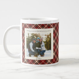 Caneca De Café Grande 2 Photo Red Plaid Rustic Monogram Trendy Christmas