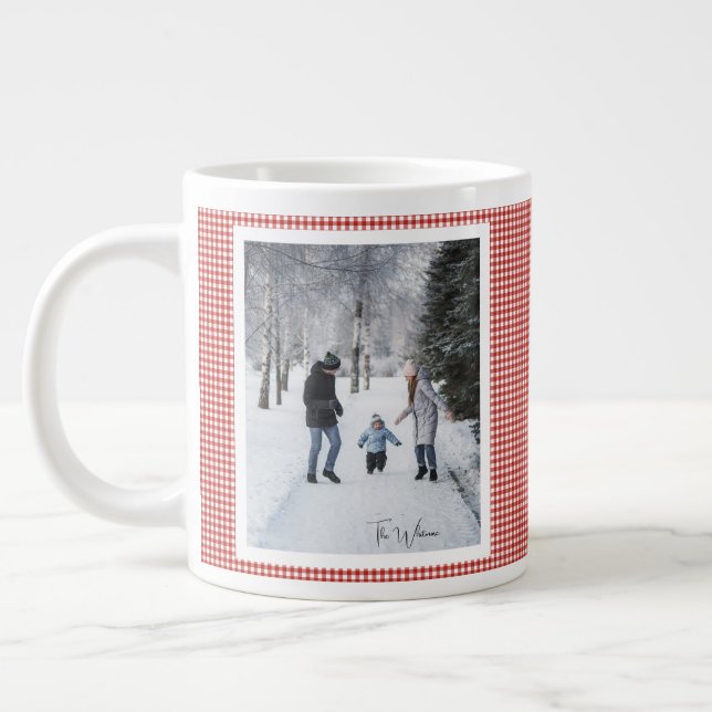 Caneca De Café Grande 2 Photo Trendy Red Plaid Rustic Christmas Gift (Esquerda)