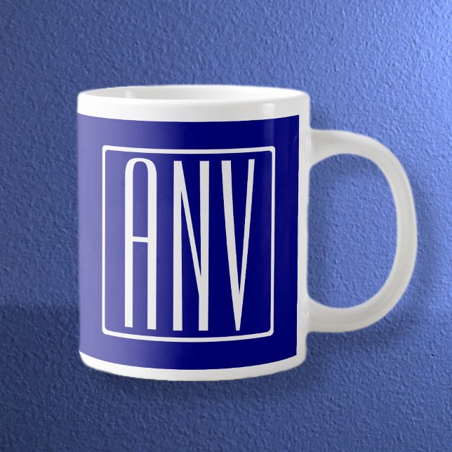Caneca De Café Grande 3 Iniciais Monograma | Marinho Azul e Branco (Criador carregado)
